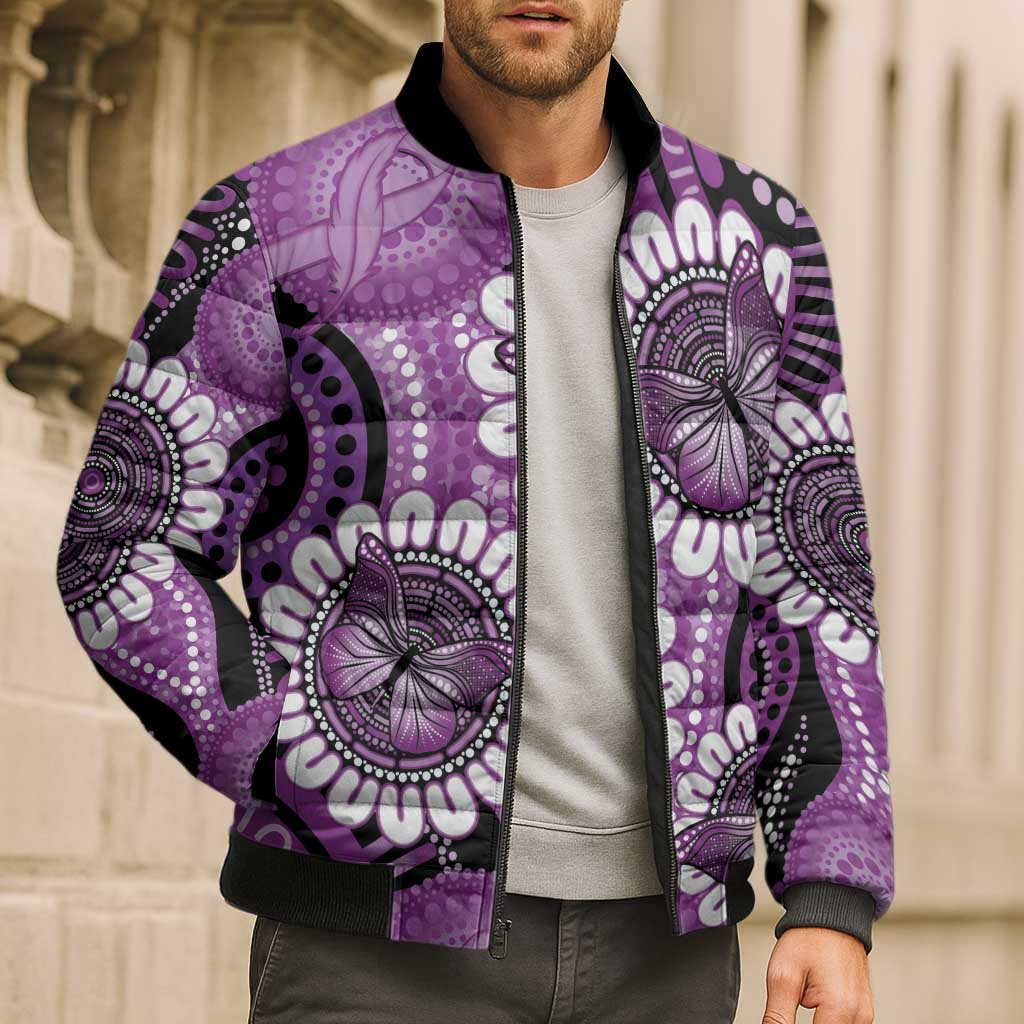 Australia Indigenous Butterflies Personalised Bomber Puffer Jacket Lupus Awareness Purple Ribbon Aboriginal Art