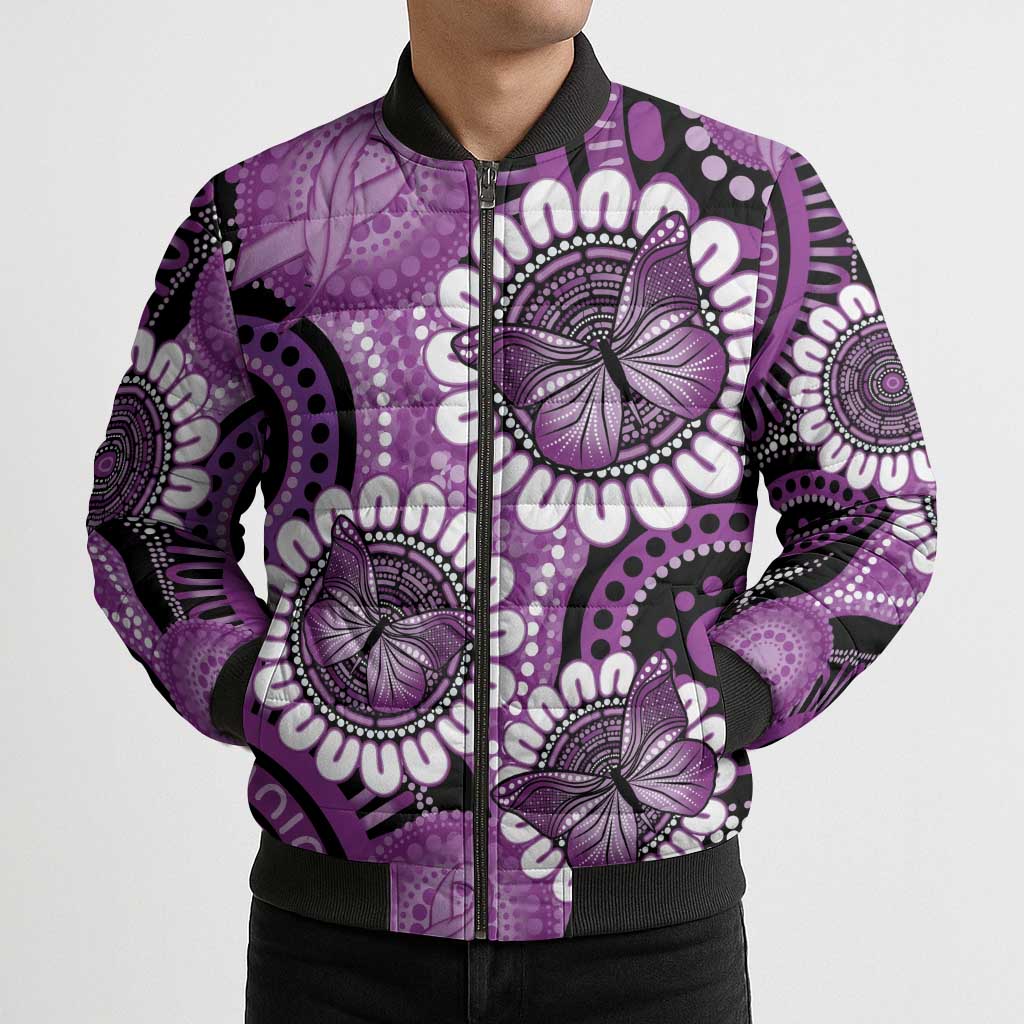 Australia Indigenous Butterflies Personalised Bomber Puffer Jacket Lupus Awareness Purple Ribbon Aboriginal Art