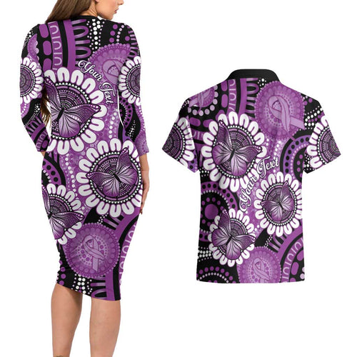 Australia Indigenous Butterflies Personalised Couples Matching Long Sleeve Bodycon Dress and Hawaiian Shirt Lupus Awareness Purple Ribbon Aboriginal Art