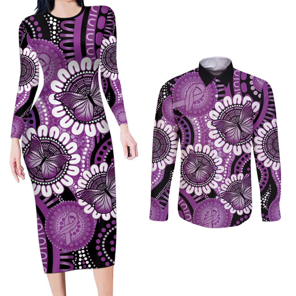 Australia Indigenous Butterflies Personalised Couples Matching Long Sleeve Bodycon Dress and Long Sleeve Button Shirt Lupus Awareness Purple Ribbon Aboriginal Art