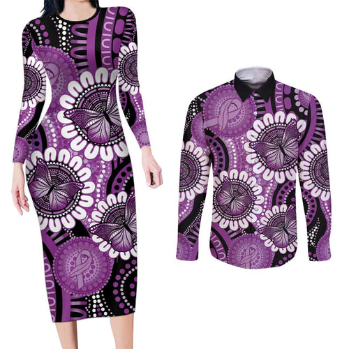 Australia Indigenous Butterflies Personalised Couples Matching Long Sleeve Bodycon Dress and Long Sleeve Button Shirt Lupus Awareness Purple Ribbon Aboriginal Art