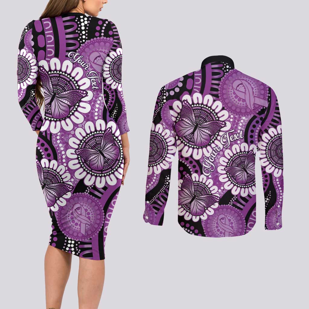 Australia Indigenous Butterflies Personalised Couples Matching Long Sleeve Bodycon Dress and Long Sleeve Button Shirt Lupus Awareness Purple Ribbon Aboriginal Art