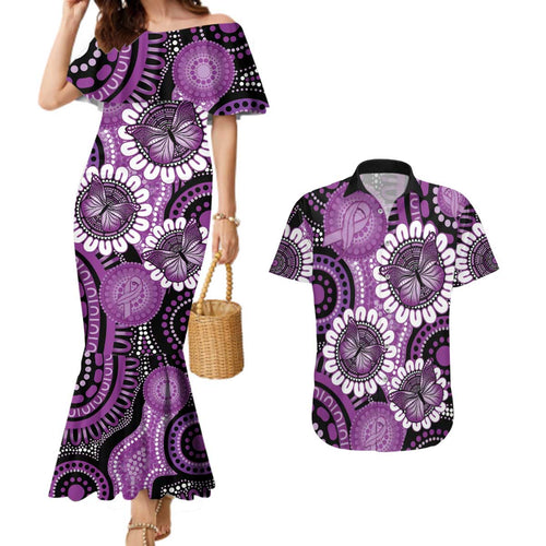 Australia Indigenous Butterflies Personalised Couples Matching Mermaid Dress and Hawaiian Shirt Lupus Awareness Purple Ribbon Aboriginal Art