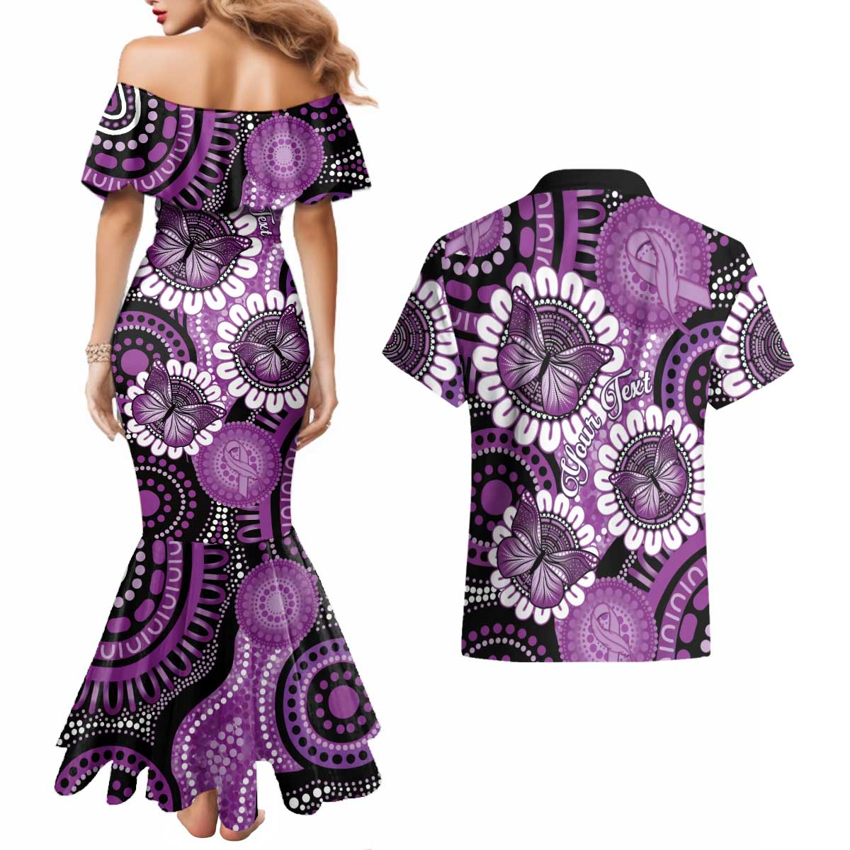 Australia Indigenous Butterflies Personalised Couples Matching Mermaid Dress and Hawaiian Shirt Lupus Awareness Purple Ribbon Aboriginal Art