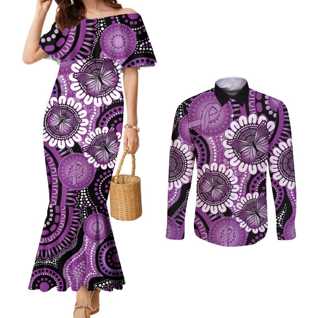 Australia Indigenous Butterflies Personalised Couples Matching Mermaid Dress and Long Sleeve Button Shirt Lupus Awareness Purple Ribbon Aboriginal Art