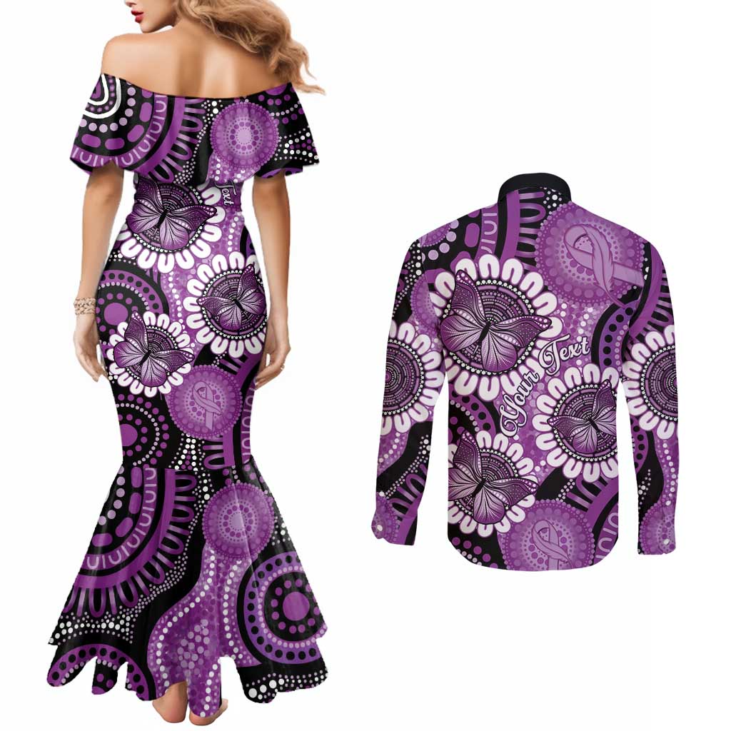 Australia Indigenous Butterflies Personalised Couples Matching Mermaid Dress and Long Sleeve Button Shirt Lupus Awareness Purple Ribbon Aboriginal Art