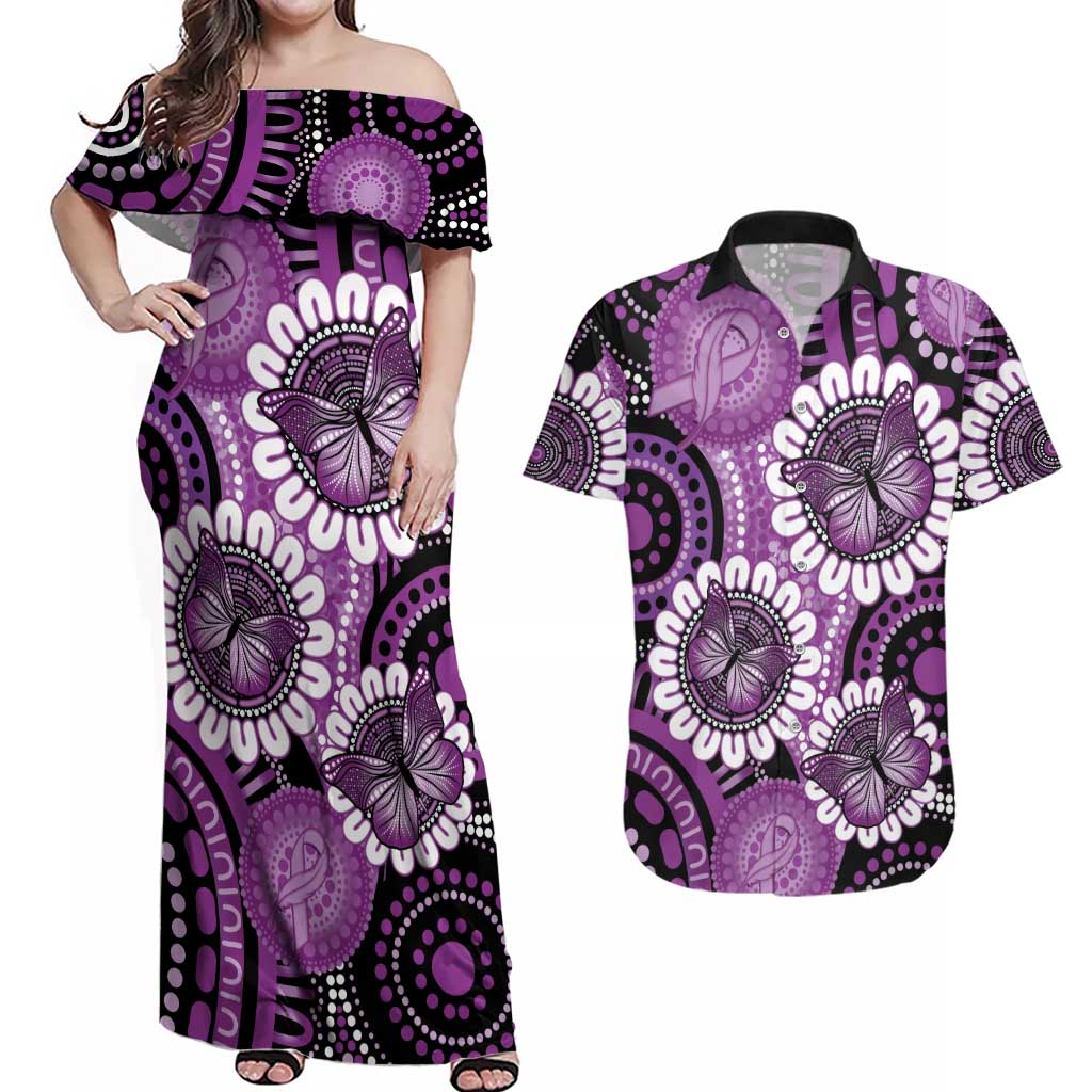Australia Indigenous Butterflies Personalised Couples Matching Off Shoulder Maxi Dress and Hawaiian Shirt Lupus Awareness Purple Ribbon Aboriginal Art