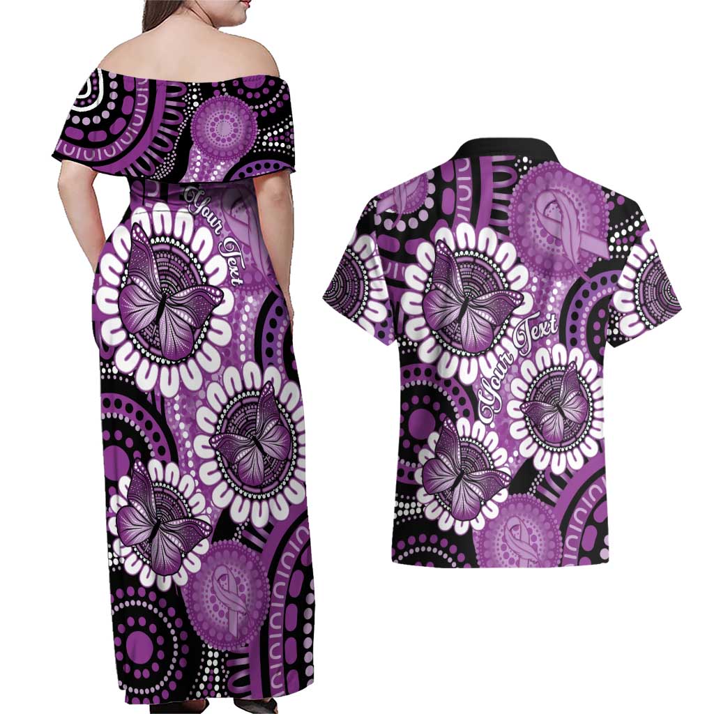Australia Indigenous Butterflies Personalised Couples Matching Off Shoulder Maxi Dress and Hawaiian Shirt Lupus Awareness Purple Ribbon Aboriginal Art