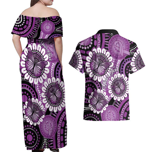 Australia Indigenous Butterflies Personalised Couples Matching Off Shoulder Maxi Dress and Hawaiian Shirt Lupus Awareness Purple Ribbon Aboriginal Art
