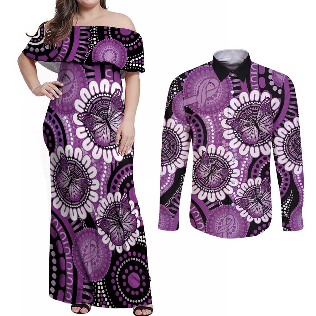Australia Indigenous Butterflies Personalised Couples Matching Off Shoulder Maxi Dress and Long Sleeve Button Shirt Lupus Awareness Purple Ribbon Aboriginal Art