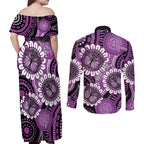 Australia Indigenous Butterflies Personalised Couples Matching Off Shoulder Maxi Dress and Long Sleeve Button Shirt Lupus Awareness Purple Ribbon Aboriginal Art