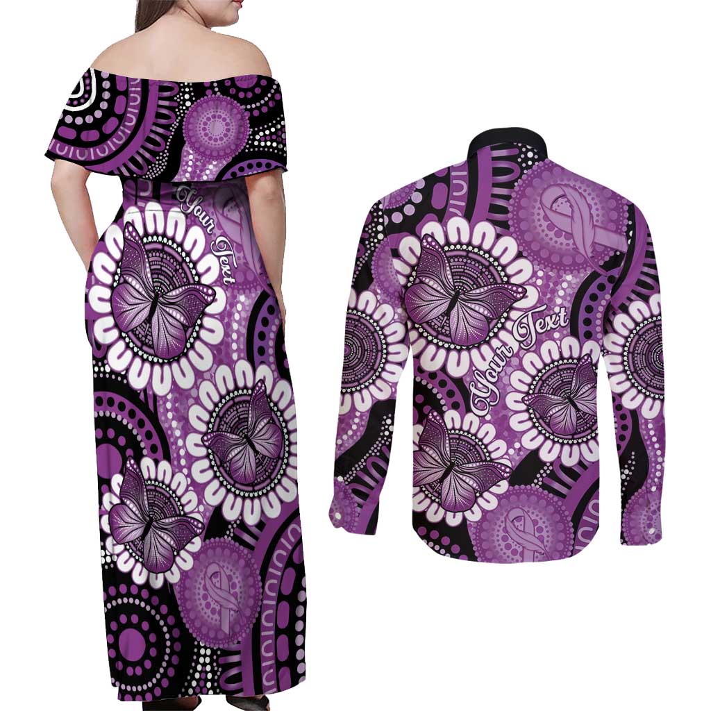 Australia Indigenous Butterflies Personalised Couples Matching Off Shoulder Maxi Dress and Long Sleeve Button Shirt Lupus Awareness Purple Ribbon Aboriginal Art