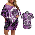 Australia Indigenous Butterflies Personalised Couples Matching Off Shoulder Short Dress and Hawaiian Shirt Lupus Awareness Purple Ribbon Aboriginal Art