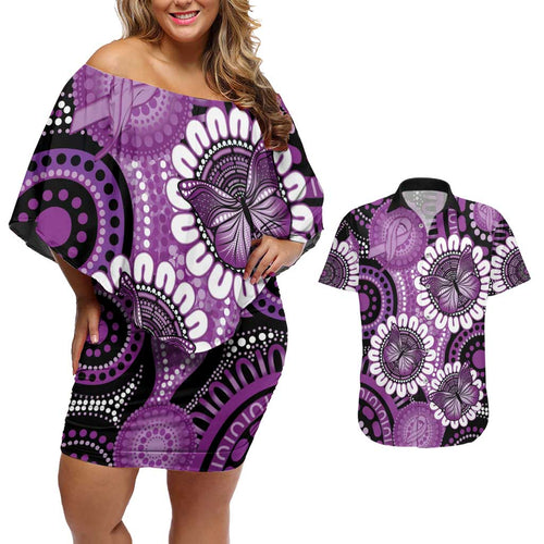 Australia Indigenous Butterflies Personalised Couples Matching Off Shoulder Short Dress and Hawaiian Shirt Lupus Awareness Purple Ribbon Aboriginal Art