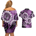 Australia Indigenous Butterflies Personalised Couples Matching Off Shoulder Short Dress and Hawaiian Shirt Lupus Awareness Purple Ribbon Aboriginal Art