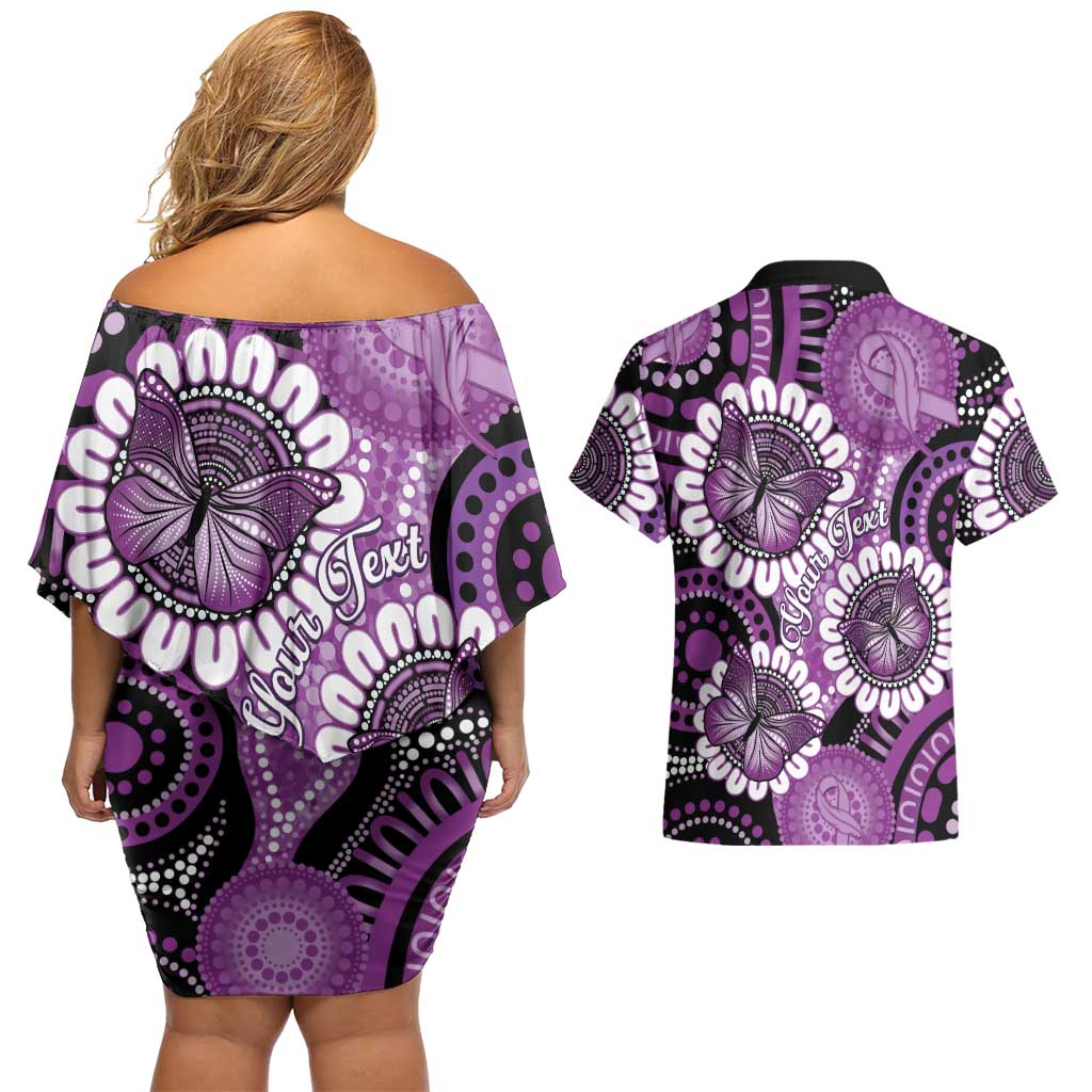 Australia Indigenous Butterflies Personalised Couples Matching Off Shoulder Short Dress and Hawaiian Shirt Lupus Awareness Purple Ribbon Aboriginal Art