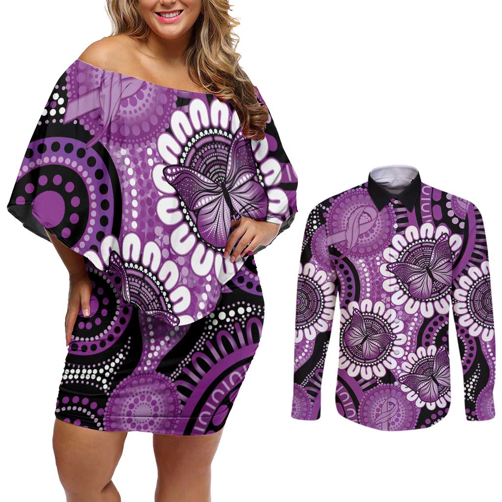 Australia Indigenous Butterflies Personalised Couples Matching Off Shoulder Short Dress and Long Sleeve Button Shirt Lupus Awareness Purple Ribbon Aboriginal Art