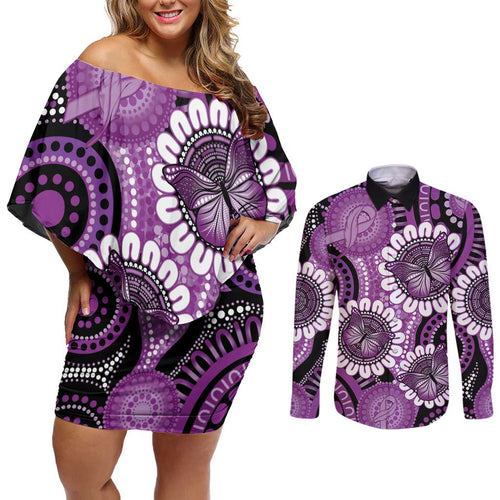 Australia Indigenous Butterflies Personalised Couples Matching Off Shoulder Short Dress and Long Sleeve Button Shirt Lupus Awareness Purple Ribbon Aboriginal Art