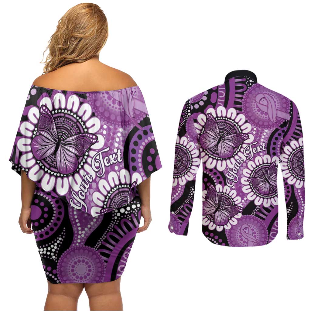 Australia Indigenous Butterflies Personalised Couples Matching Off Shoulder Short Dress and Long Sleeve Button Shirt Lupus Awareness Purple Ribbon Aboriginal Art
