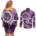 Australia Indigenous Butterflies Personalised Couples Matching Off Shoulder Short Dress and Long Sleeve Button Shirt Lupus Awareness Purple Ribbon Aboriginal Art