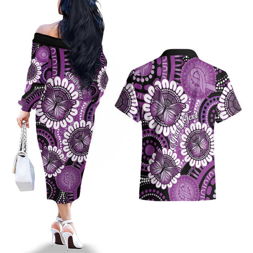 Australia Indigenous Butterflies Personalised Couples Matching Off The Shoulder Long Sleeve Dress and Hawaiian Shirt Lupus Awareness Purple Ribbon Aboriginal Art