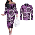 Australia Indigenous Butterflies Personalised Couples Matching Off The Shoulder Long Sleeve Dress and Long Sleeve Button Shirt Lupus Awareness Purple Ribbon Aboriginal Art