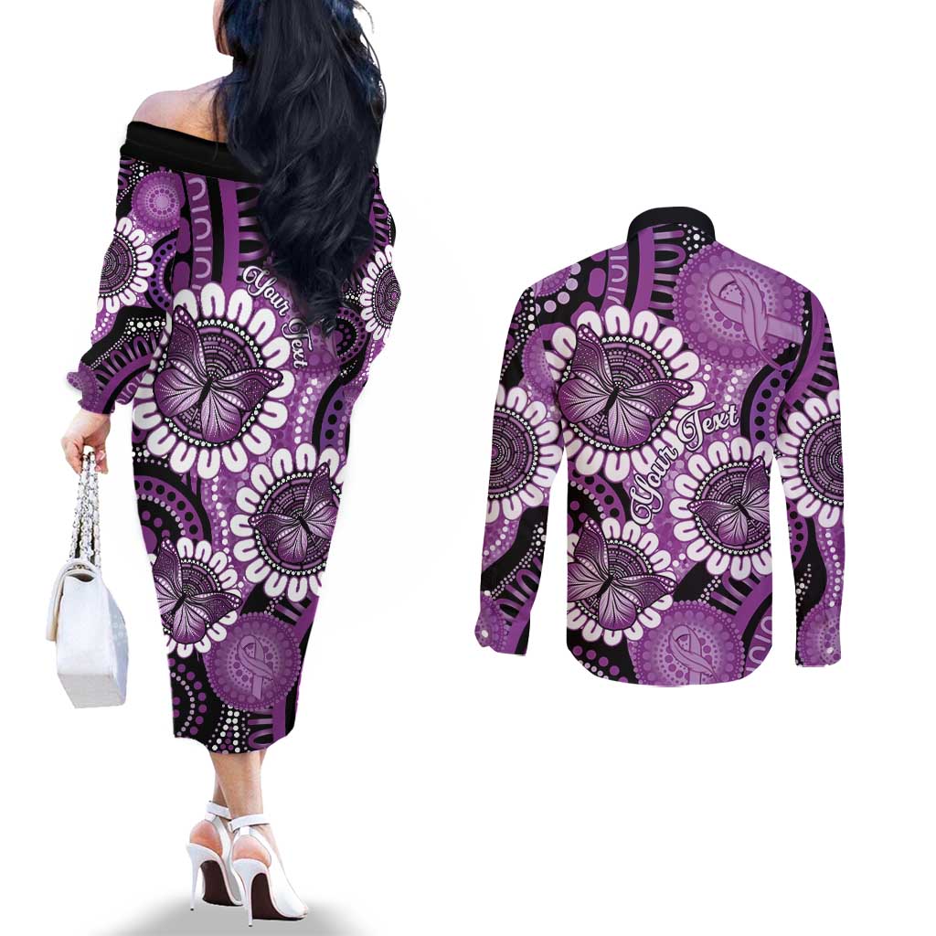 Australia Indigenous Butterflies Personalised Couples Matching Off The Shoulder Long Sleeve Dress and Long Sleeve Button Shirt Lupus Awareness Purple Ribbon Aboriginal Art