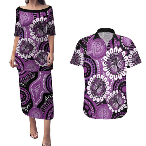 Australia Indigenous Butterflies Personalised Couples Matching Puletasi and Hawaiian Shirt Lupus Awareness Purple Ribbon Aboriginal Art