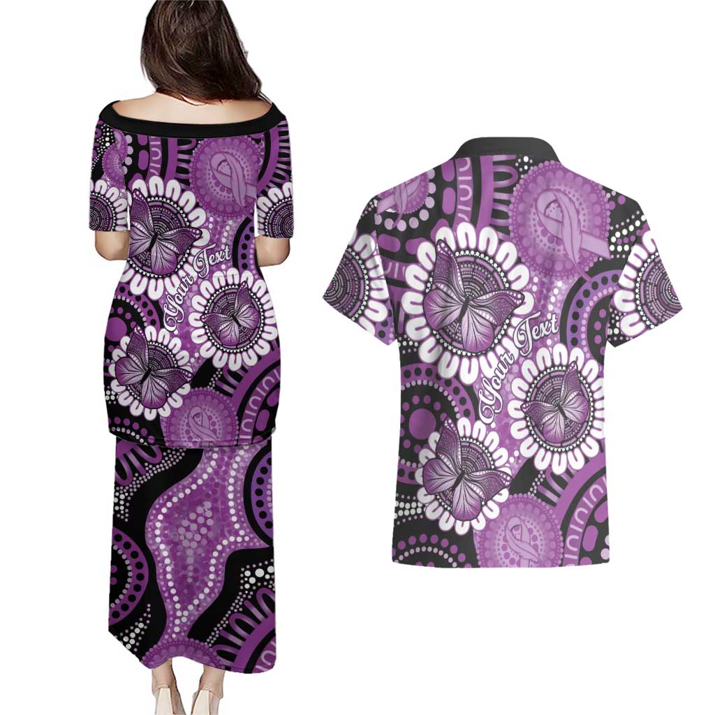 Australia Indigenous Butterflies Personalised Couples Matching Puletasi and Hawaiian Shirt Lupus Awareness Purple Ribbon Aboriginal Art