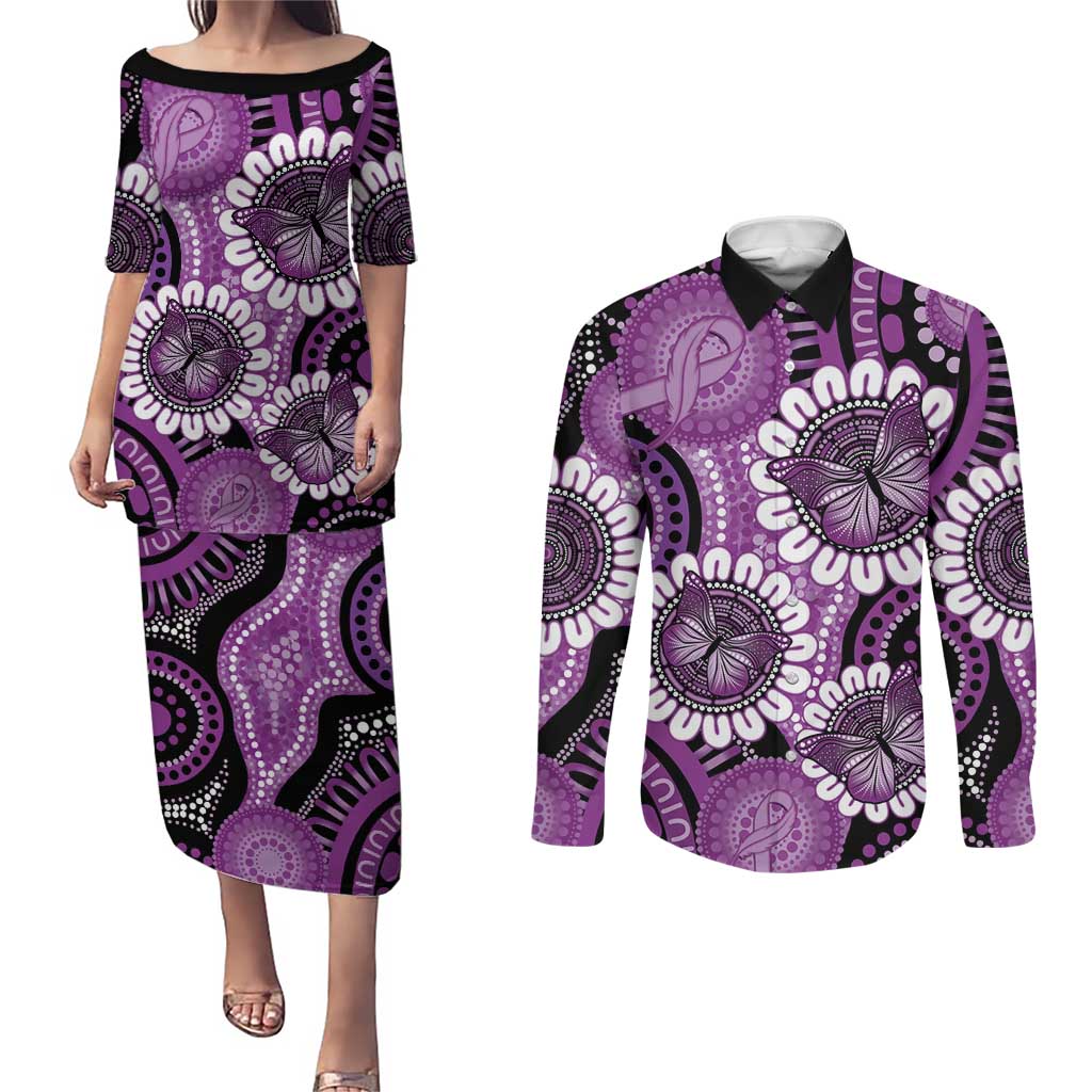 Australia Indigenous Butterflies Personalised Couples Matching Puletasi and Long Sleeve Button Shirt Lupus Awareness Purple Ribbon Aboriginal Art
