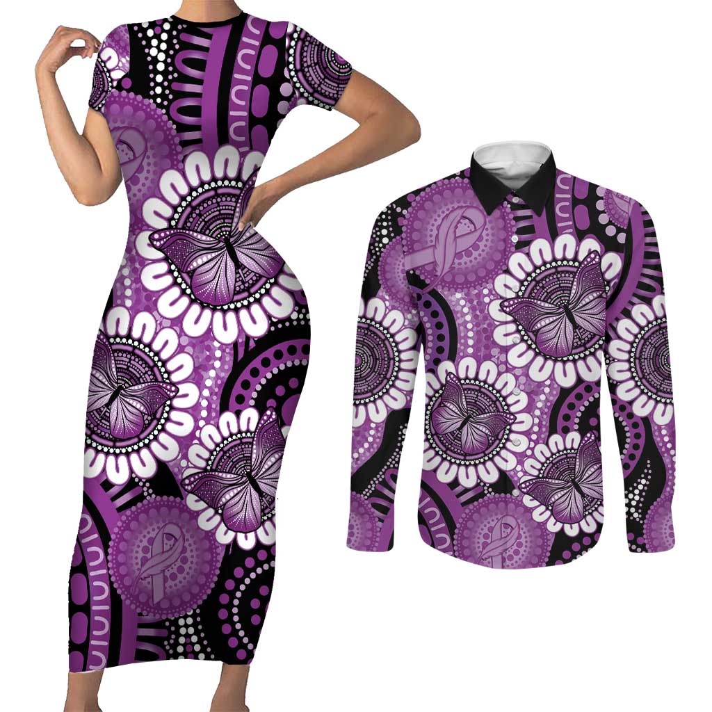 Australia Indigenous Butterflies Personalised Couples Matching Short Sleeve Bodycon Dress and Long Sleeve Button Shirt Lupus Awareness Purple Ribbon Aboriginal Art