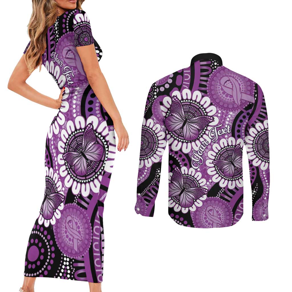 Australia Indigenous Butterflies Personalised Couples Matching Short Sleeve Bodycon Dress and Long Sleeve Button Shirt Lupus Awareness Purple Ribbon Aboriginal Art