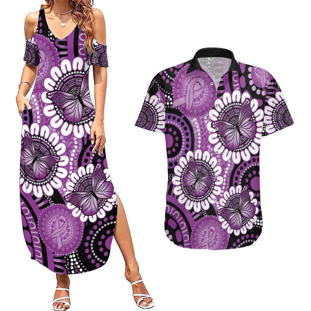 Australia Indigenous Butterflies Personalised Couples Matching Summer Maxi Dress and Hawaiian Shirt Lupus Awareness Purple Ribbon Aboriginal Art