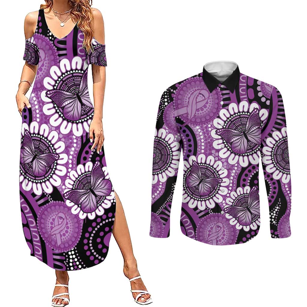 Australia Indigenous Butterflies Personalised Couples Matching Summer Maxi Dress and Long Sleeve Button Shirt Lupus Awareness Purple Ribbon Aboriginal Art