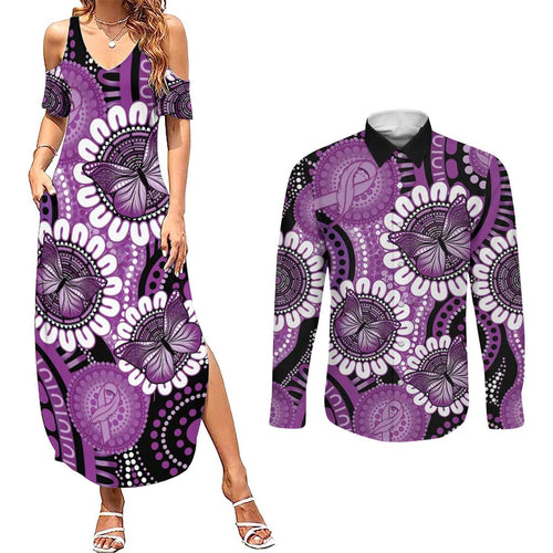 Australia Indigenous Butterflies Personalised Couples Matching Summer Maxi Dress and Long Sleeve Button Shirt Lupus Awareness Purple Ribbon Aboriginal Art