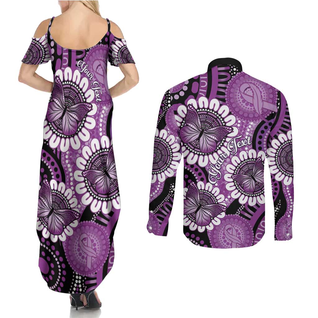 Australia Indigenous Butterflies Personalised Couples Matching Summer Maxi Dress and Long Sleeve Button Shirt Lupus Awareness Purple Ribbon Aboriginal Art