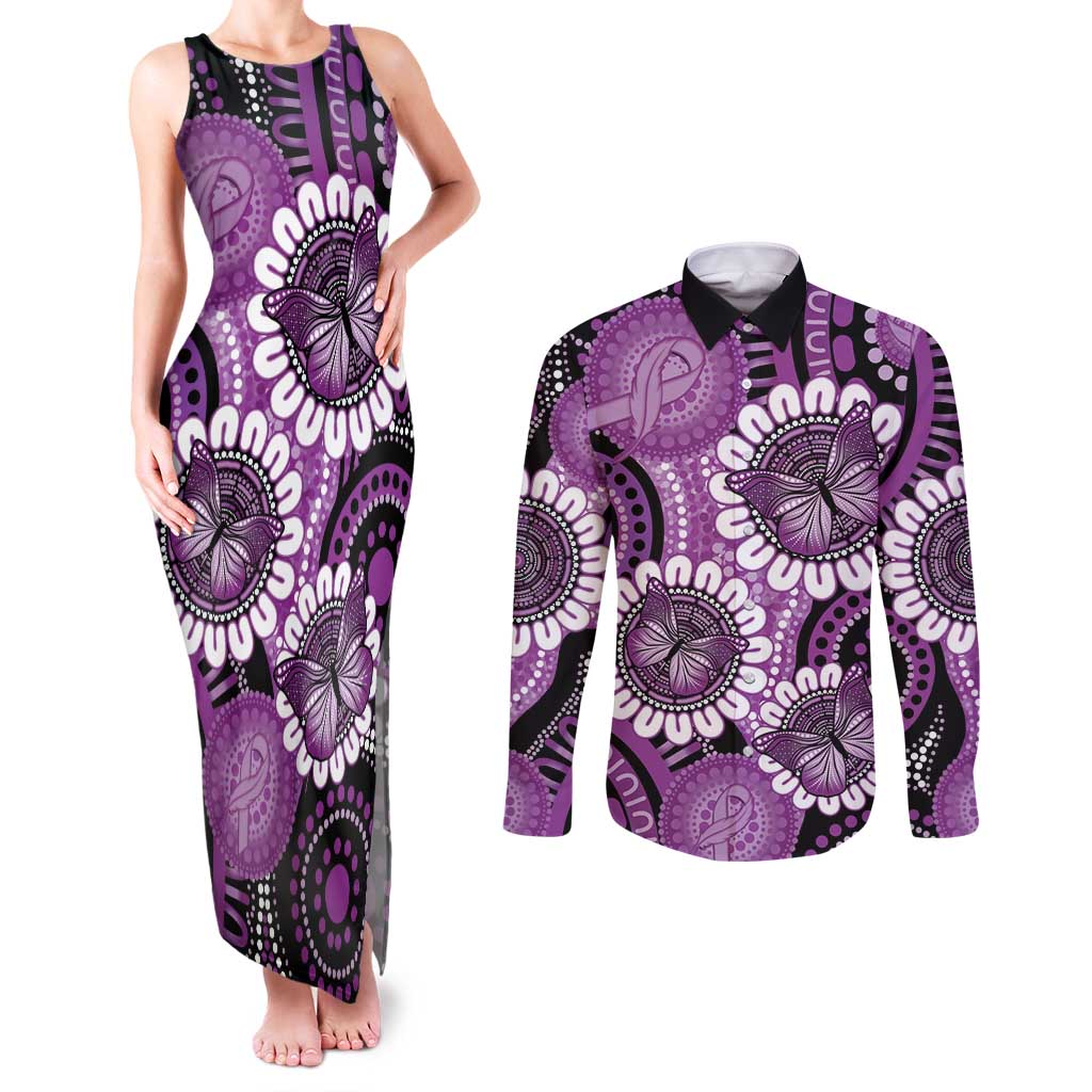 Australia Indigenous Butterflies Personalised Couples Matching Tank Maxi Dress and Long Sleeve Button Shirt Lupus Awareness Purple Ribbon Aboriginal Art