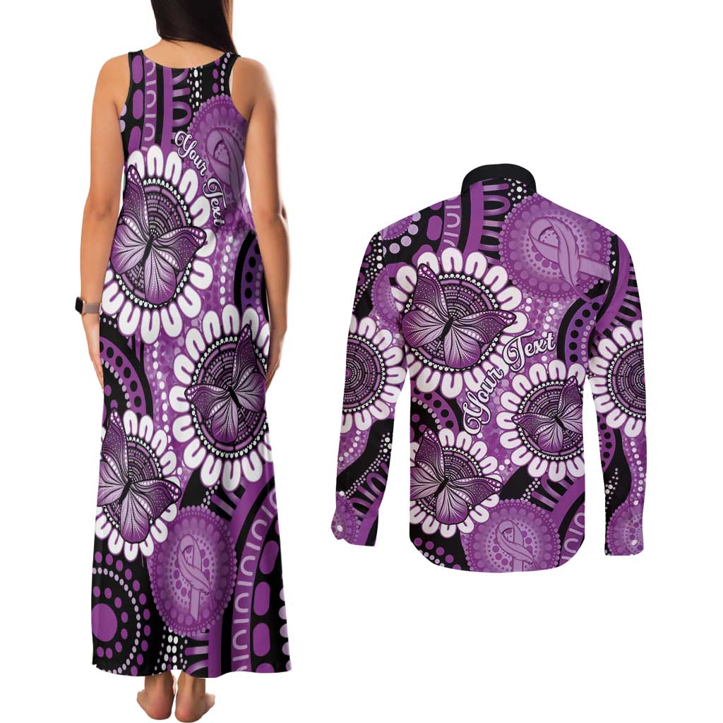 Australia Indigenous Butterflies Personalised Couples Matching Tank Maxi Dress and Long Sleeve Button Shirt Lupus Awareness Purple Ribbon Aboriginal Art
