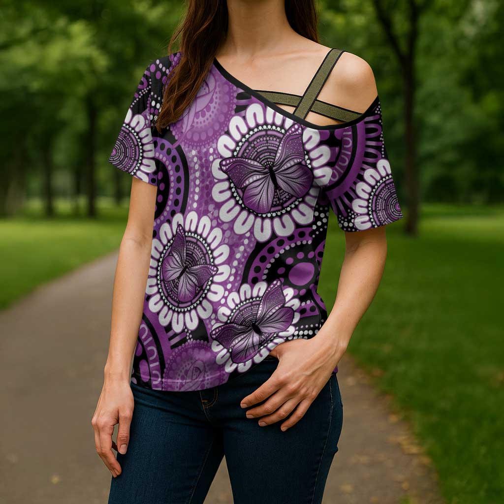 Australia Indigenous Butterflies Personalised Cross Shoulder Shirt Lupus Awareness Purple Ribbon Aboriginal Art