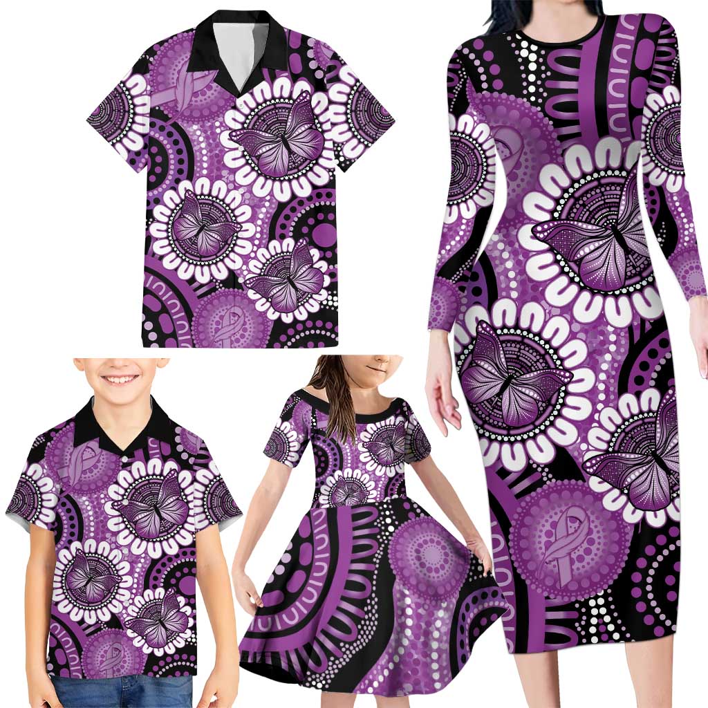 Australia Indigenous Butterflies Personalised Family Matching Long Sleeve Bodycon Dress and Hawaiian Shirt Lupus Awareness Purple Ribbon Aboriginal Art