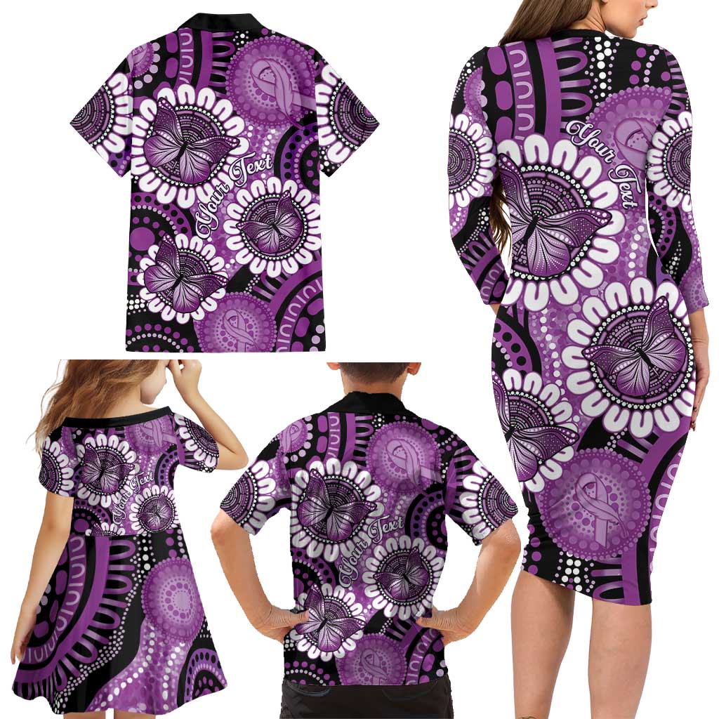 Australia Indigenous Butterflies Personalised Family Matching Long Sleeve Bodycon Dress and Hawaiian Shirt Lupus Awareness Purple Ribbon Aboriginal Art