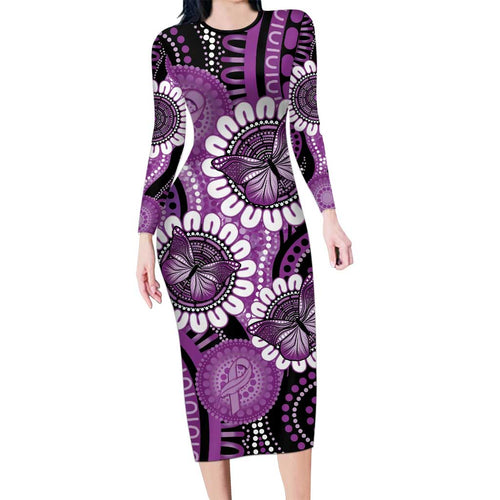 Australia Indigenous Butterflies Personalised Family Matching Long Sleeve Bodycon Dress and Hawaiian Shirt Lupus Awareness Purple Ribbon Aboriginal Art