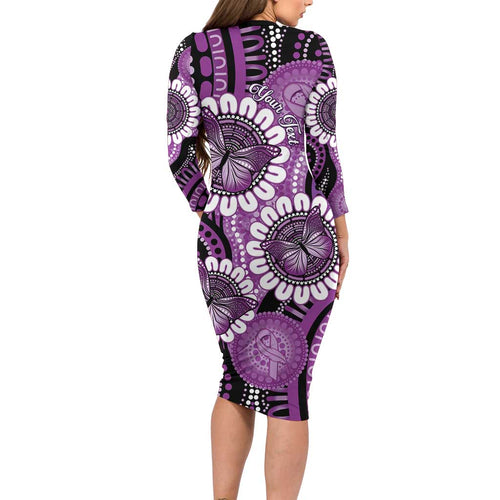 Australia Indigenous Butterflies Personalised Family Matching Long Sleeve Bodycon Dress and Hawaiian Shirt Lupus Awareness Purple Ribbon Aboriginal Art