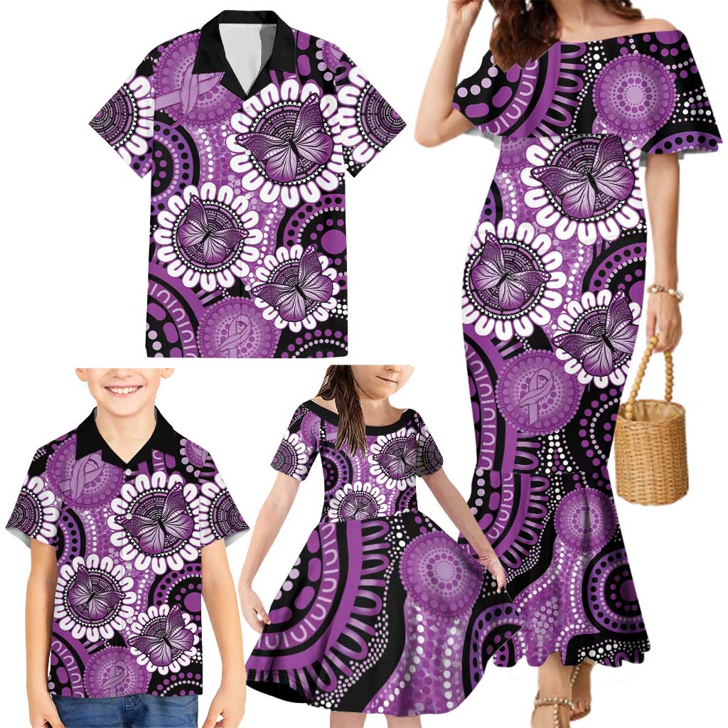 Australia Indigenous Butterflies Personalised Family Matching Mermaid Dress and Hawaiian Shirt Lupus Awareness Purple Ribbon Aboriginal Art