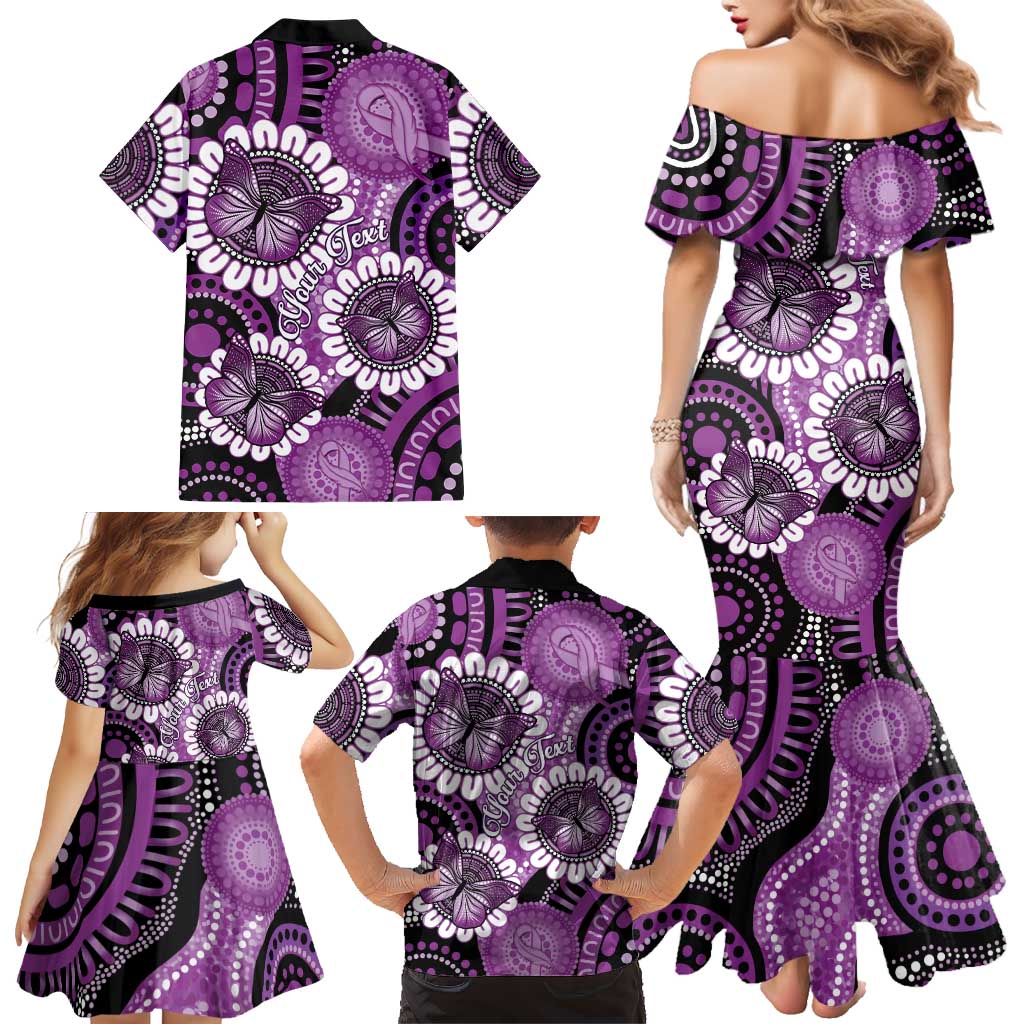 Australia Indigenous Butterflies Personalised Family Matching Mermaid Dress and Hawaiian Shirt Lupus Awareness Purple Ribbon Aboriginal Art