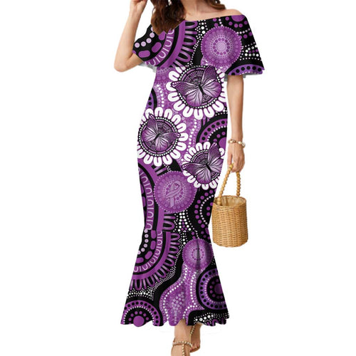 Australia Indigenous Butterflies Personalised Family Matching Mermaid Dress and Hawaiian Shirt Lupus Awareness Purple Ribbon Aboriginal Art