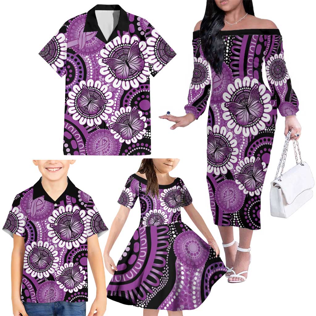 Australia Indigenous Butterflies Personalised Family Matching Off The Shoulder Long Sleeve Dress and Hawaiian Shirt Lupus Awareness Purple Ribbon Aboriginal Art