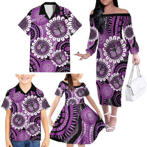Australia Indigenous Butterflies Personalised Family Matching Off The Shoulder Long Sleeve Dress and Hawaiian Shirt Lupus Awareness Purple Ribbon Aboriginal Art