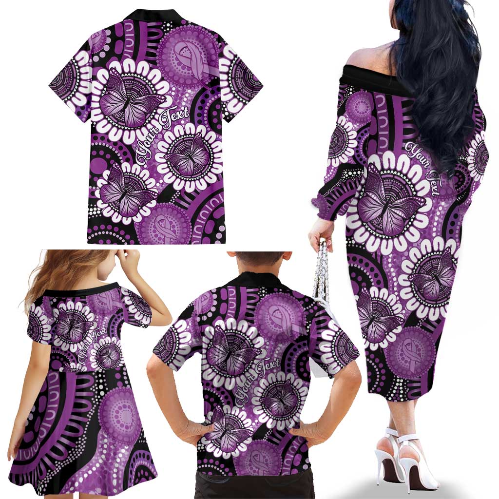 Australia Indigenous Butterflies Personalised Family Matching Off The Shoulder Long Sleeve Dress and Hawaiian Shirt Lupus Awareness Purple Ribbon Aboriginal Art