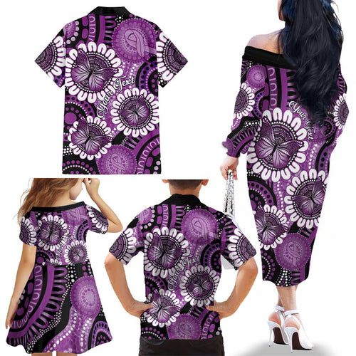 Australia Indigenous Butterflies Personalised Family Matching Off The Shoulder Long Sleeve Dress and Hawaiian Shirt Lupus Awareness Purple Ribbon Aboriginal Art